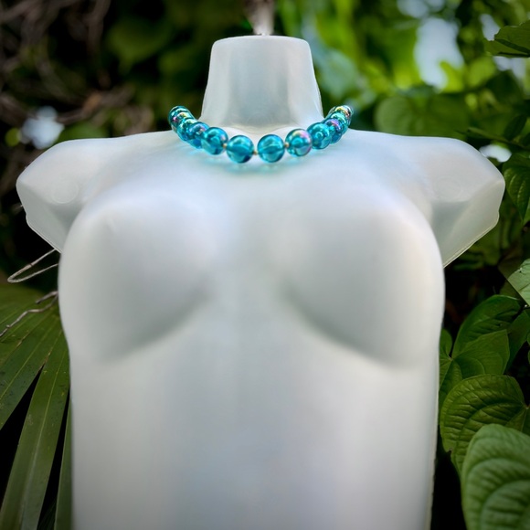 Natasha Couture Clear Blue Acrylic Ball Necklace Retro Iridescent Gold Cocktail - Picture 5 of 13